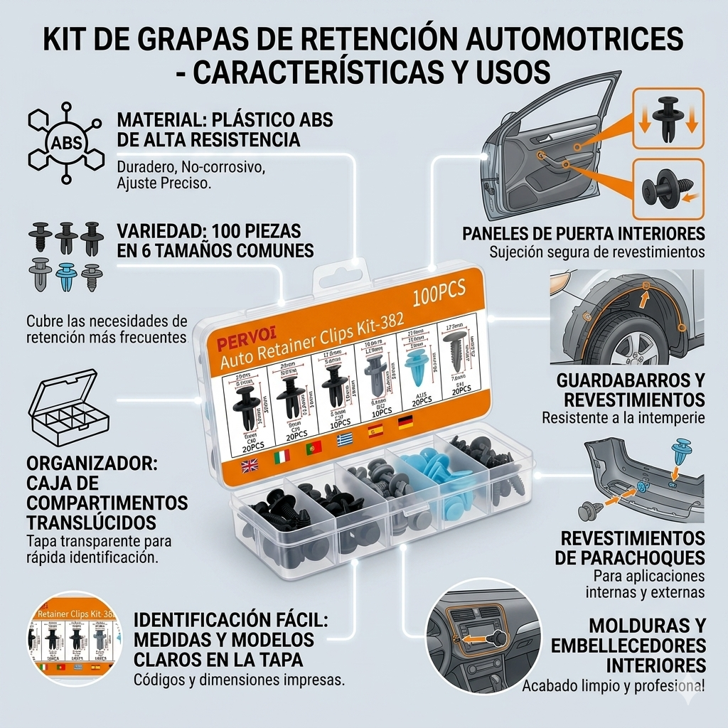 Kit 100 Clips Plásticos Universales para Vehículo Marca Pervoi
