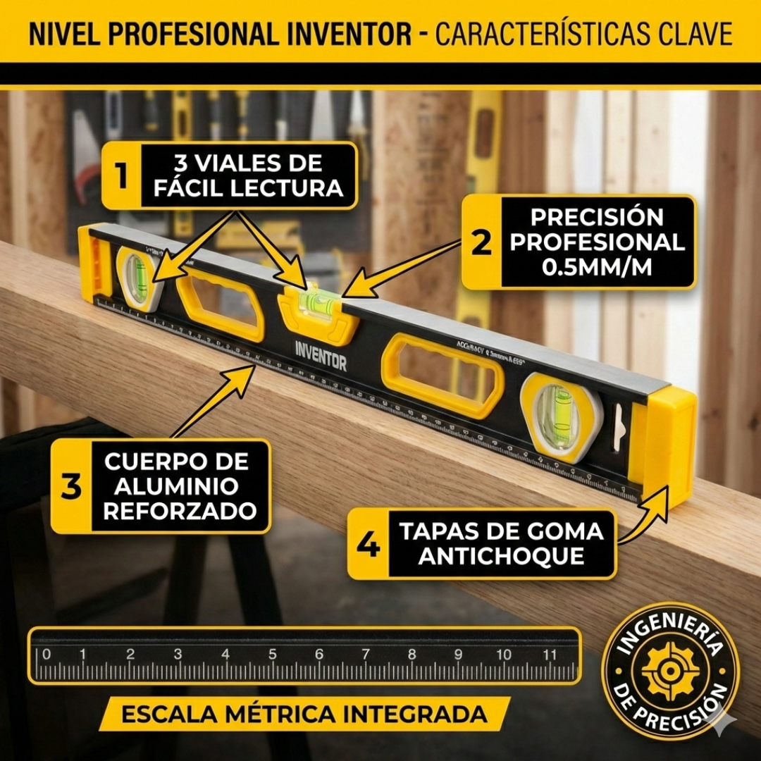 Nivel de Aluminio 3 Burbujas 50cm Marca Inventor